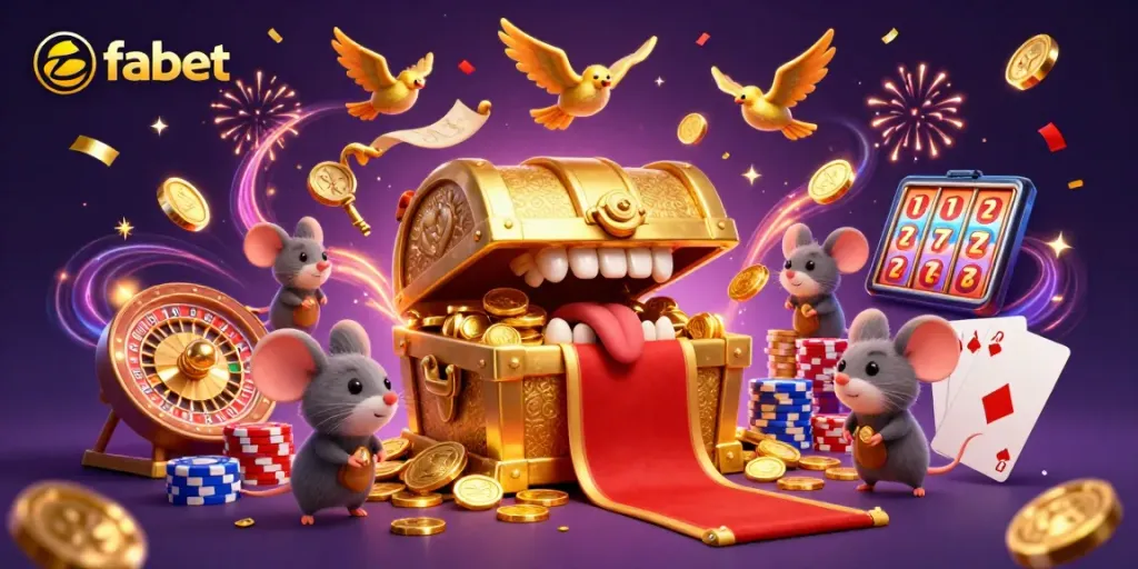Engage with fabet's thrilling casino world, featuring a treasure chest, golden coins, and festive vibes.