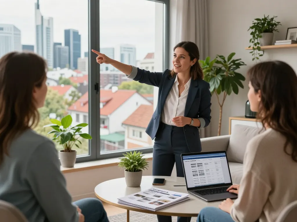 Engagierter Immobilienmakler in Frankfurt Preungesheim, der Käufern eine Immobilie in einer modernen Wohnung präsentiert.