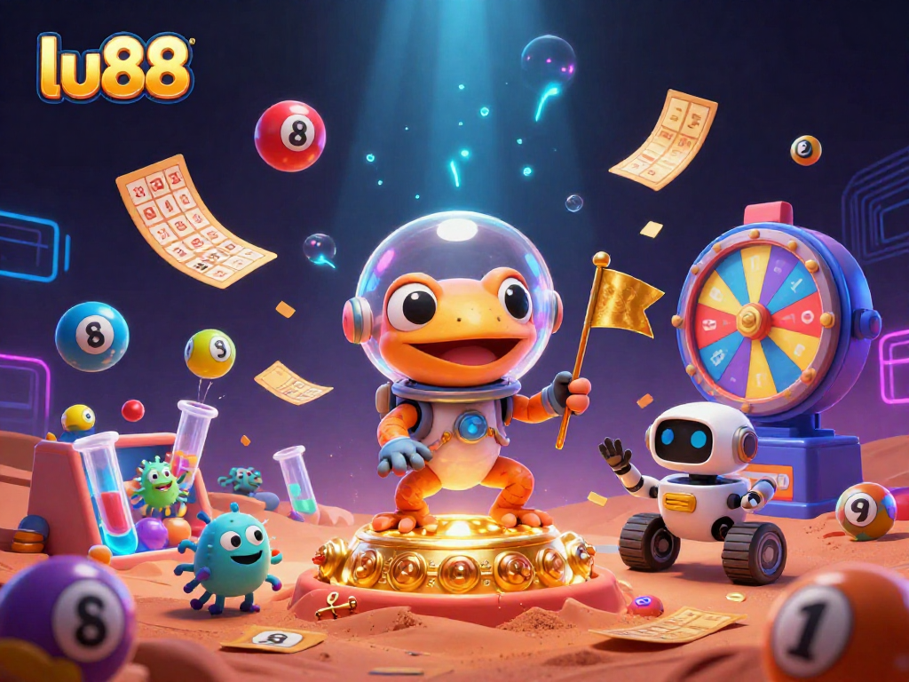 lu88 offers thrilling casino adventures with a cartoon Martian gecko uncovering treasures.