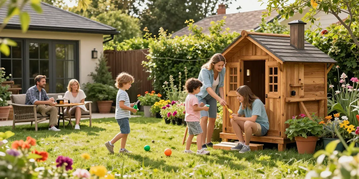 Familie genießt Zeit im Garten mit einem stabilen Gartenhaus Holz, umgeben von blühenden Pflanzen.