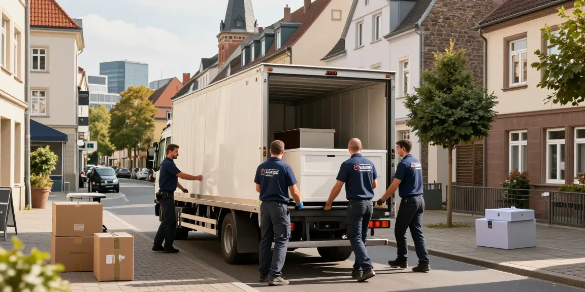 Umzugsunternehmen Worms bringt Möbel sicher in einen Umzugswagen während des Stadtumzugs.