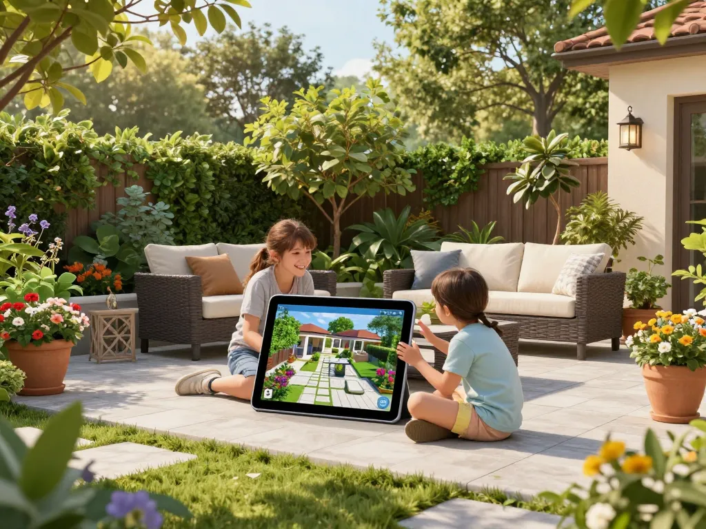 Visualisierung eines Veranda 3D Konfigurators mit einer Familie in ihrem Garten, umgeben von Grün und lebhaftem Wohnstil.