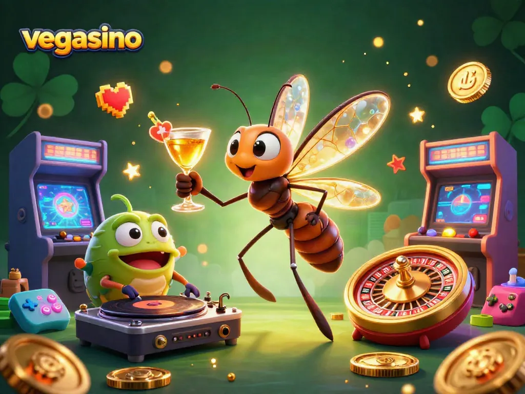Experience the vibrant vegasino casino world with a lively 3D illustration of unique characters and gaming elements.