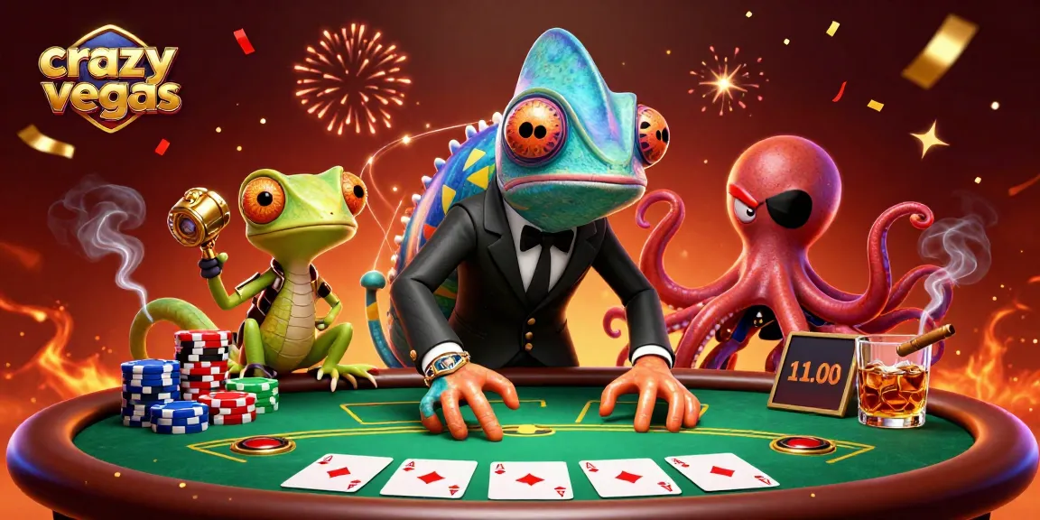Experience the thrilling atmosphere of crazyvegas with vibrant poker elements and animated characters.