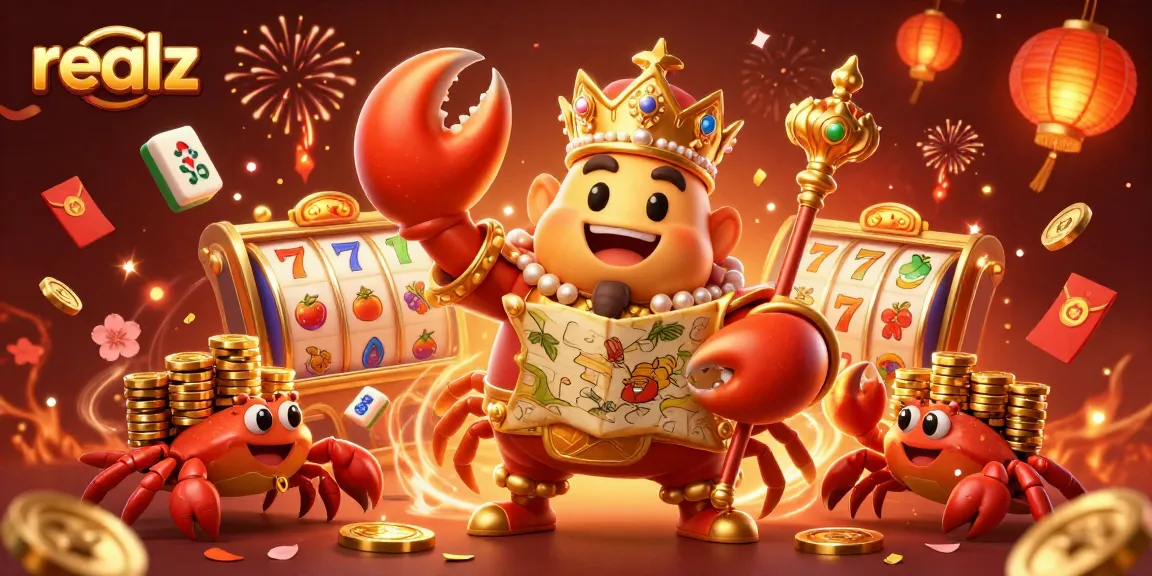 Experience the vibrant world of realz with a golden crab emperor surrounded by slot reels and festive decor.