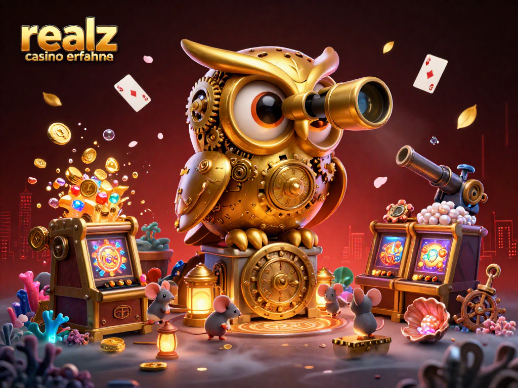Realz Casino Erfahrungen: Prüfe die farbenfrohe 3D-Szene mit Simulation von Spielautomaten und Glückselementen.