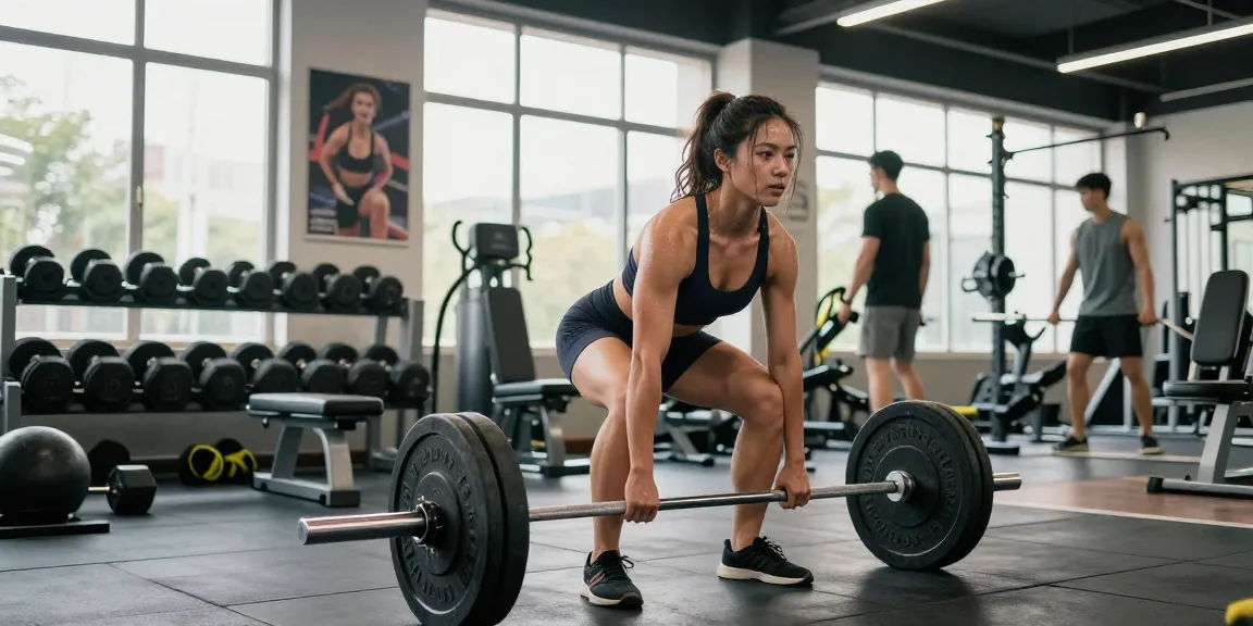 Anabolika Shop Deutschland - Athletische Frau, die in einem hellen Fitnessstudio mit Geräten Kreuzheben macht und Hingabe sowie Stärke zeigt.