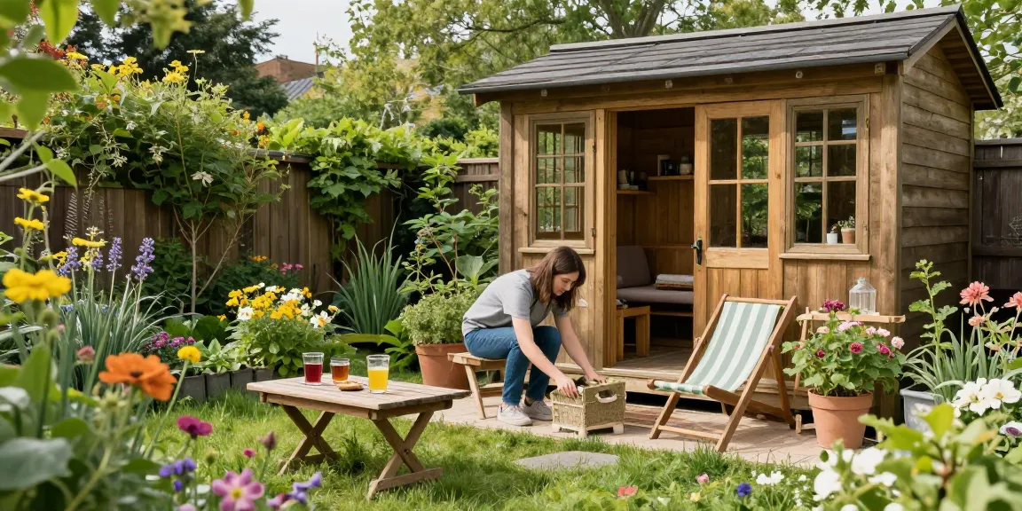 Gartenhaus kaufen: Traumhaftes Holz-Gartenhaus im Garten mit Blumen und Möbeln.