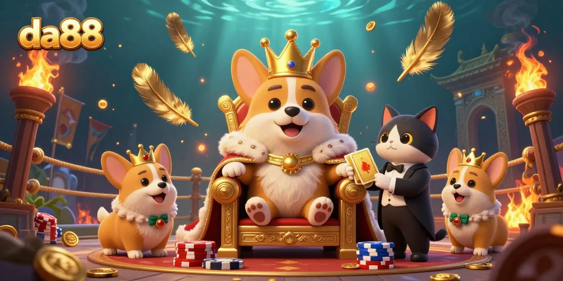 Experience thrilling gaming action at da88 with playful corgis amidst vibrant casino elements.