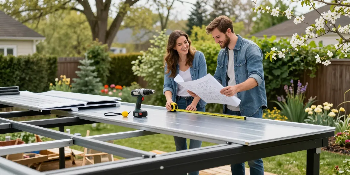 Freistehende Terrassenüberdachung im Garten während der Montage, Paar arbeitet zusammen mit Werkzeugen.