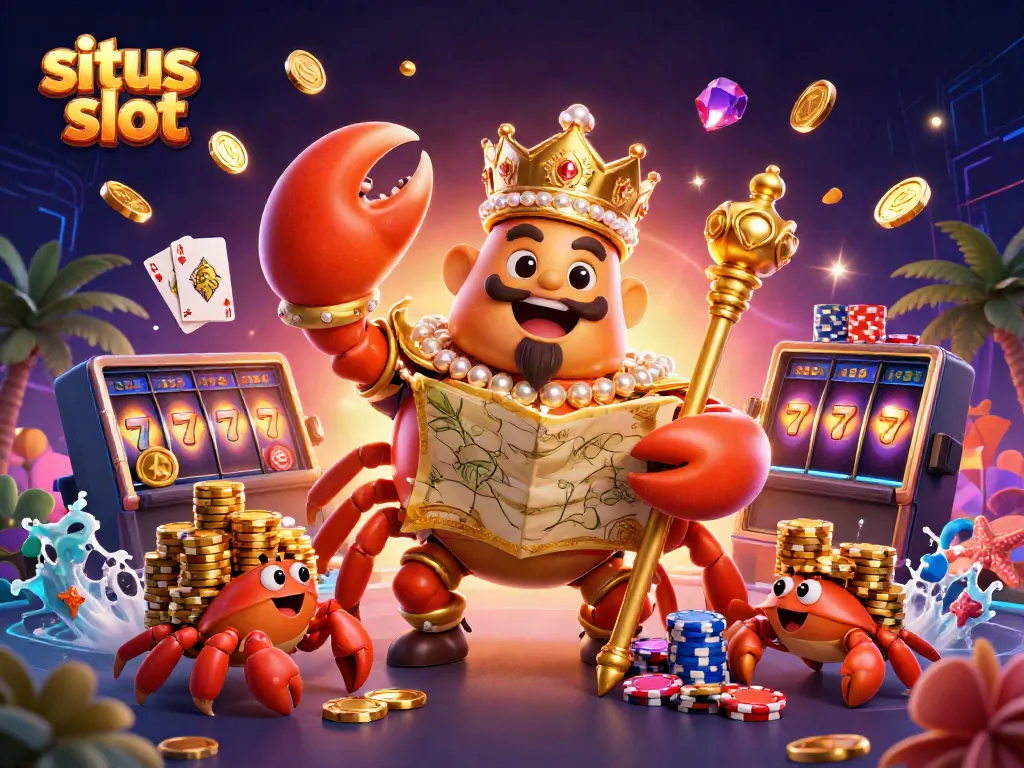 Experience the thrill of situs slot with a vibrant 3D scene showcasing a golden crab emperor in a casino.