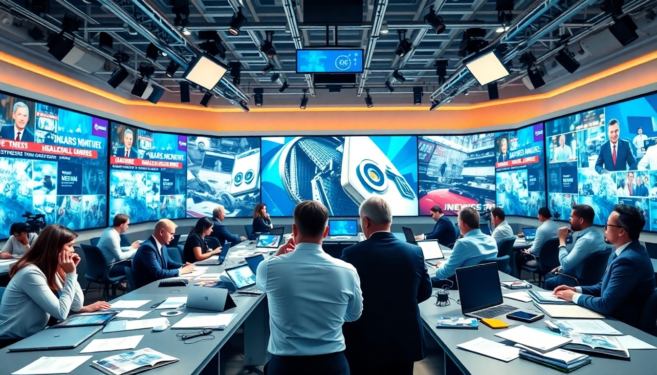 Aktuelle Meldungen in einer modernen Nachrichtenredaktion mit Journalisten bei der Arbeit.
