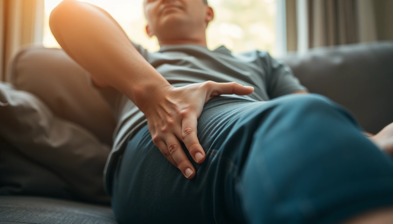 Illustration of a person with Hüftschmerzen highlighting the hip joint, showing discomfort and limited movement.