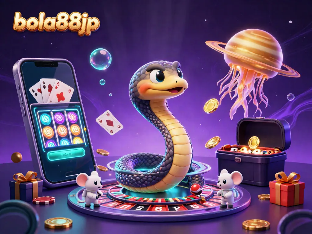 Experience the thrilling action of bola88jp with a cartoon Saturn ring snake as a roulette wheel surrounded by playful astronaut mice.