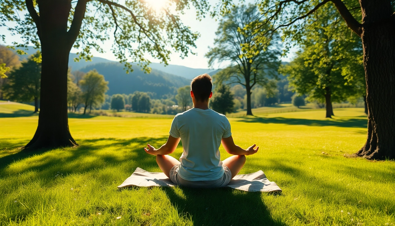 Promoting emotional wellbeing through meditation in a tranquil park setting.