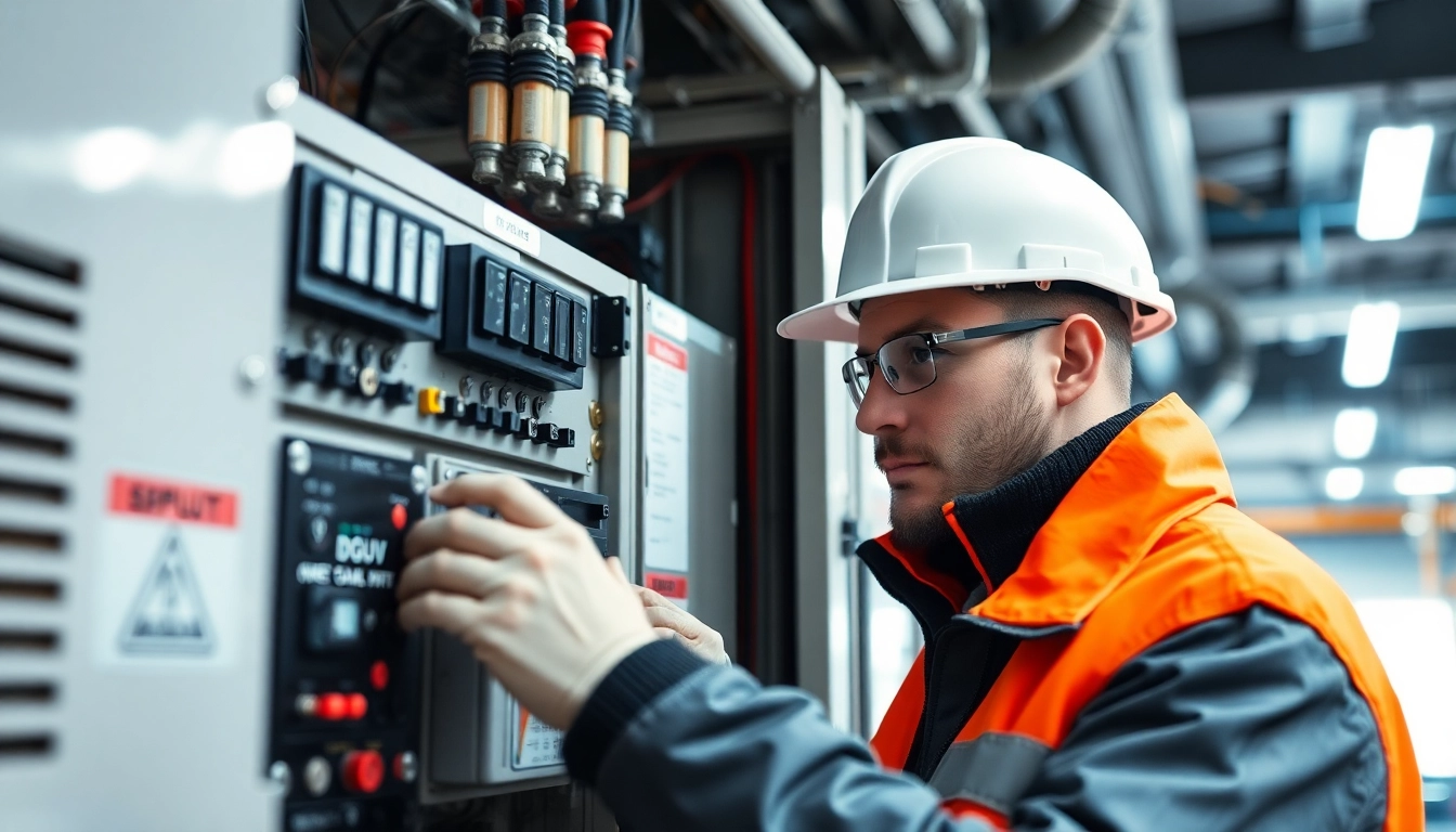 Technician conducting a DGUV V3 Prüfung on electrical equipment, ensuring workplace safety.