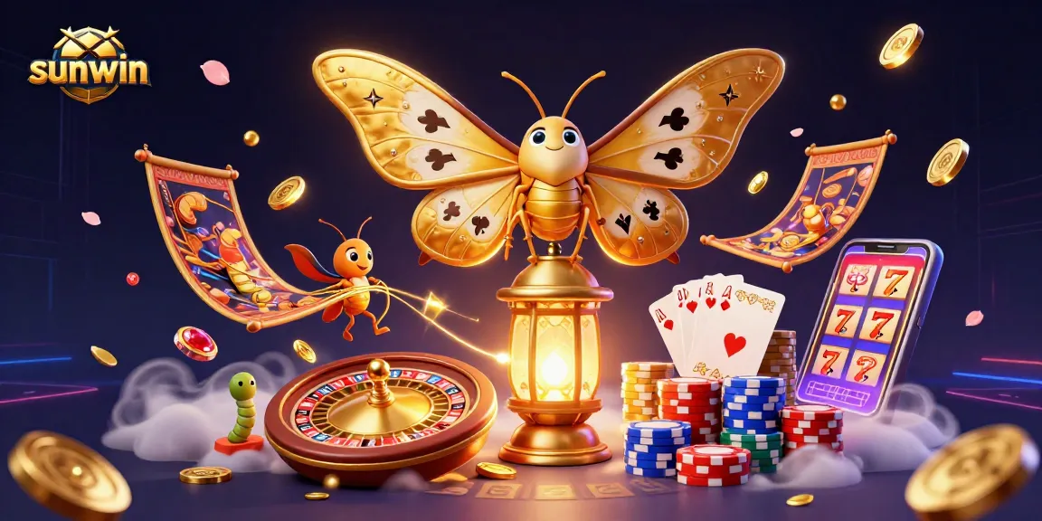 Win big with sunwin in a vibrant 3D casino scene featuring golden coins and playing cards.