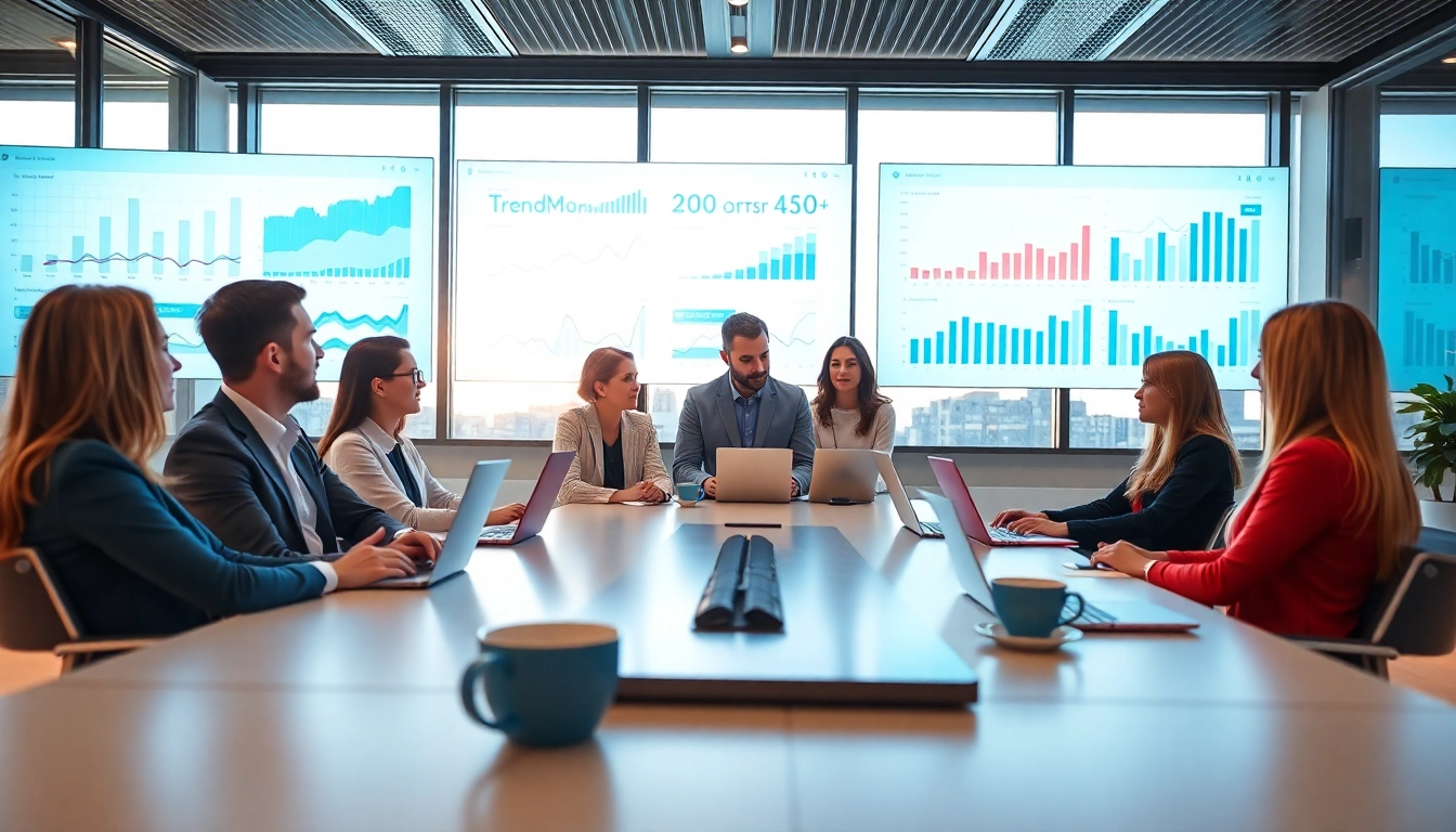 Analysing Internet Trends with a professional team in a conference room.