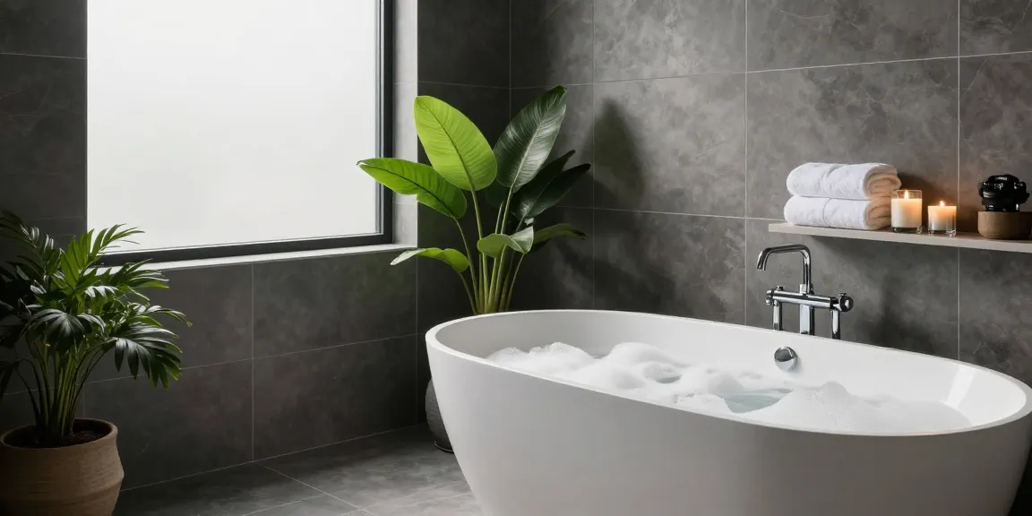 Stijlvolle badkamer tegels antraciet in een modern badkamer met bad en planten.