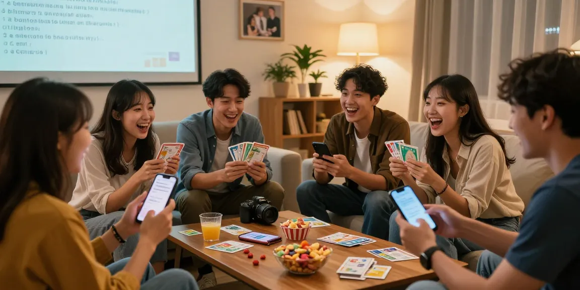 Friends enjoying a Quiz Allgemeinwissen session in a cozy living room