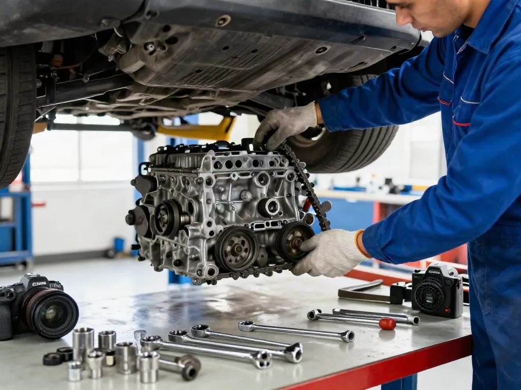 Steuerkette wechseln Hannover - Mechaniker prüft Motor und Steuerkette in der Werkstatt.