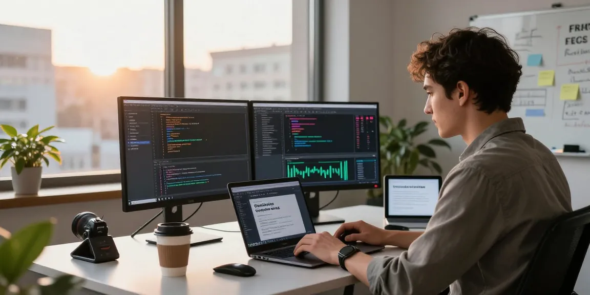 Developer showcasing strategies for Geoblocking umgehen ohne VPN in a modern tech workspace with code on screens and coffee.