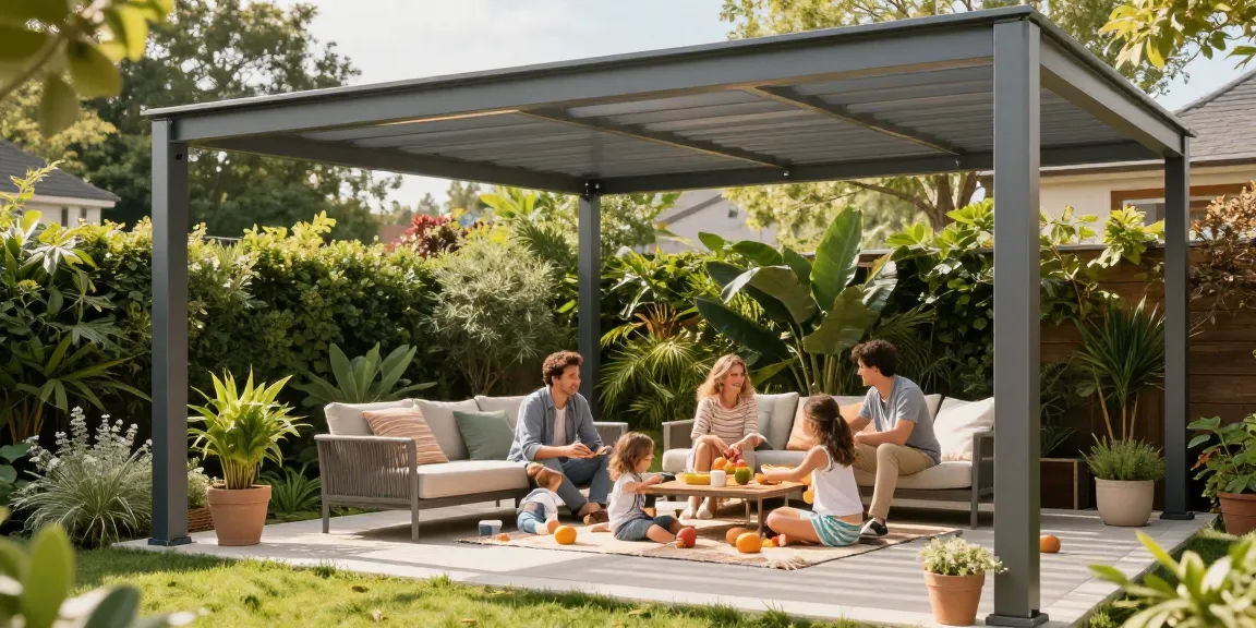 Moderne Terrassenüberdachung im Garten mit Familie, die einen sonnigen Tag genießt.