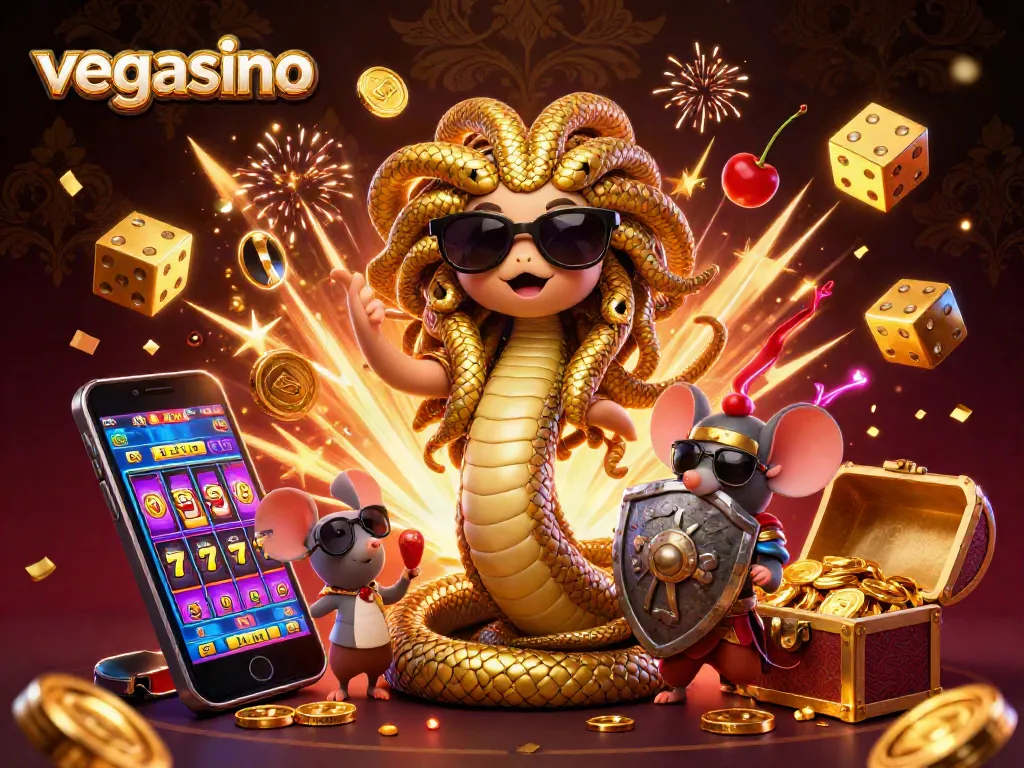 Play vibrant casino games at vegasino featuring a cute Medusa, a warrior mouse, and exciting jackpot elements.