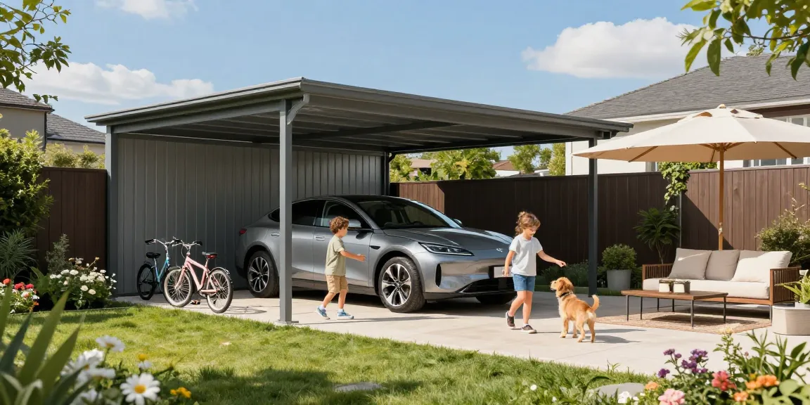 Familie unter einem modernen Carport im Garten, spielende Kinder und Blumen im Hintergrund.