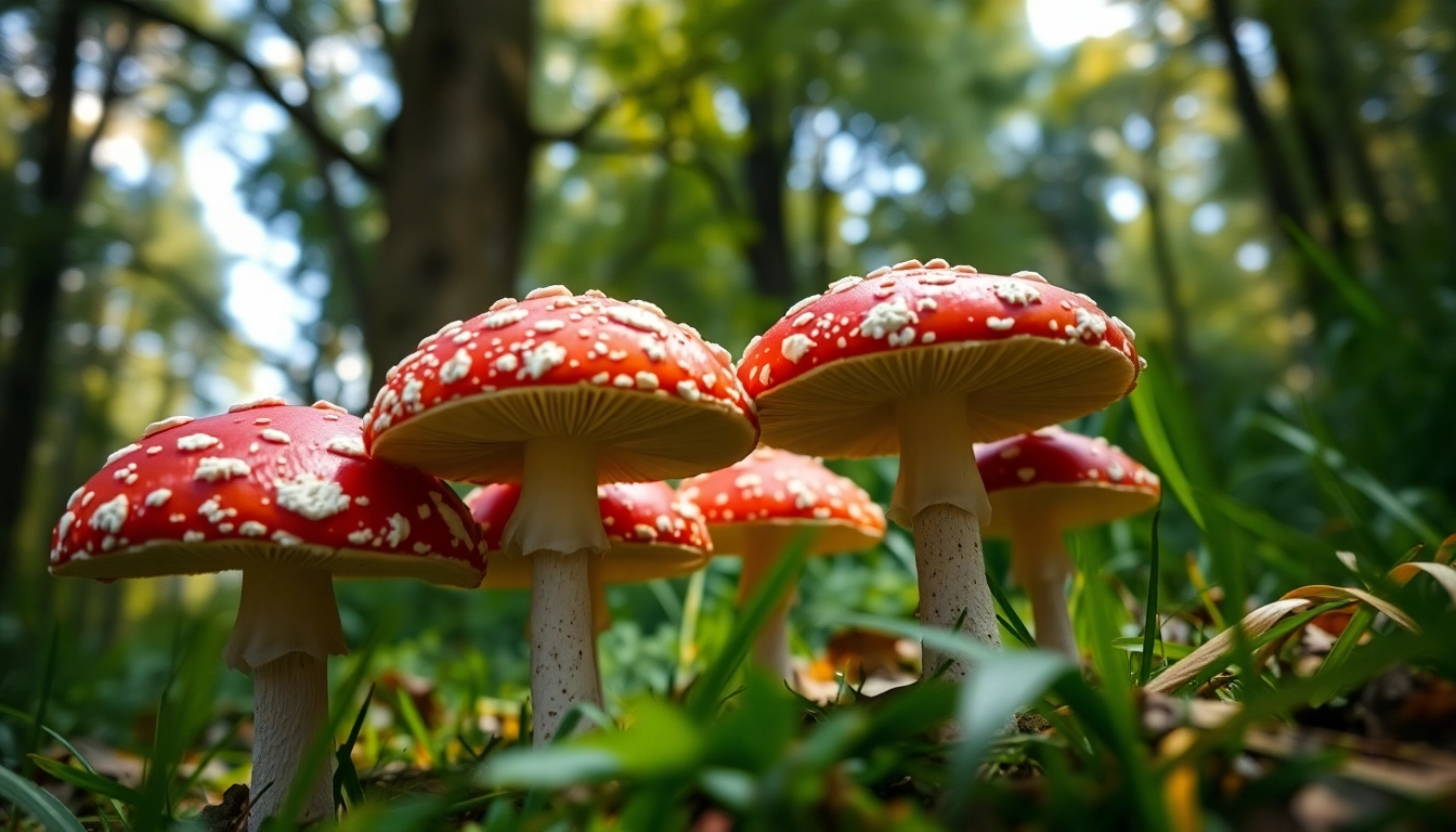 Buy Amanita muscaria mushrooms with vibrant red caps in a serene forest.