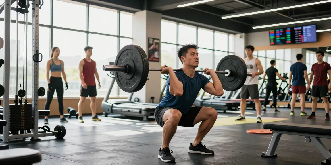Ein Mann hebt Gewichte in einem energiegeladenen Fitnessstudio und zeigt die Fitnessprodukte von Steroidshop.