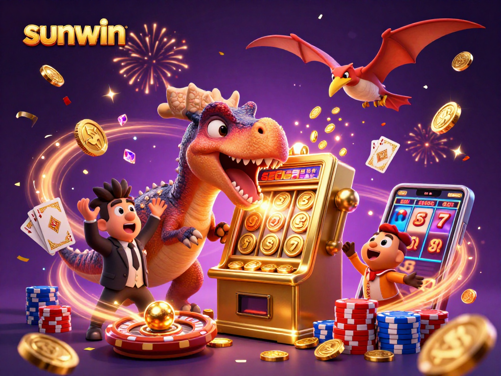 Catch jackpots with sunwin as a dinosaur headbutts a golden slot machine amidst flying coins!