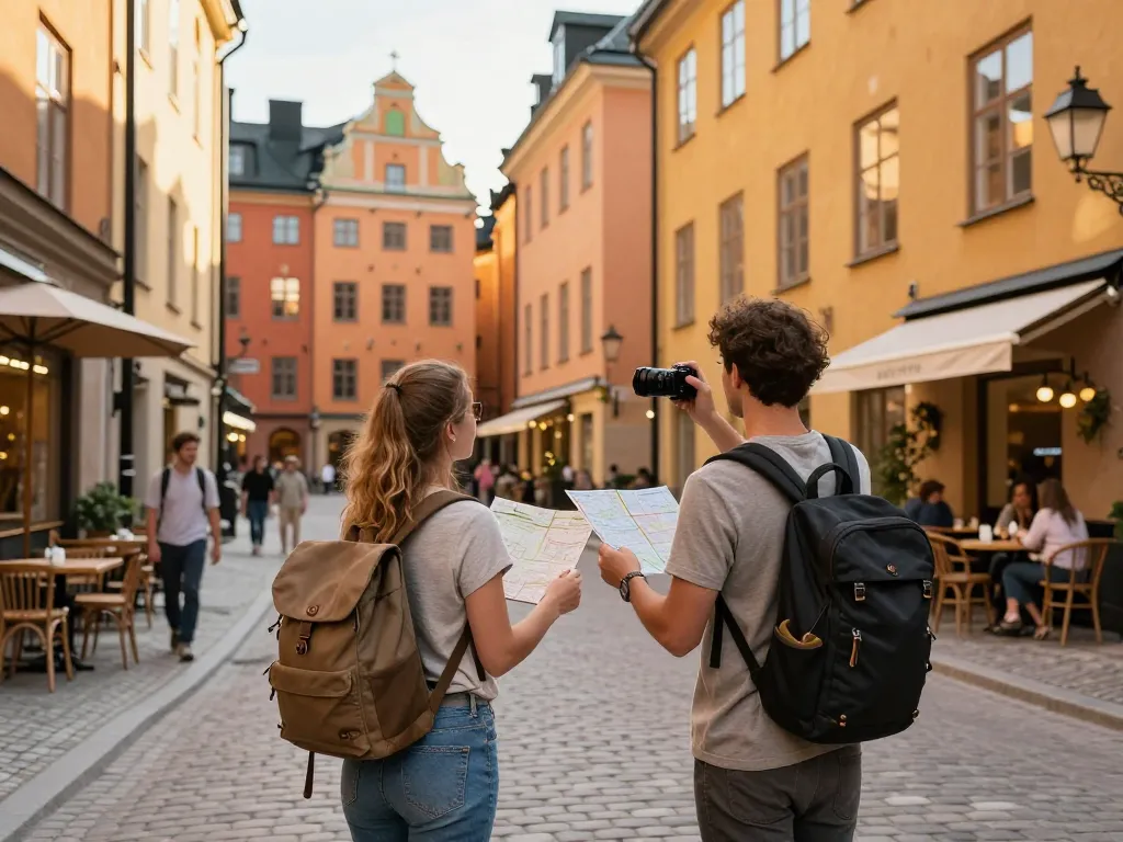 Reisetipps Stockholm, Paar erkundet die mit bunten Gebäuden und Cafés gesäumten Kopfsteinpflasterstraßen von Gamla Stan.