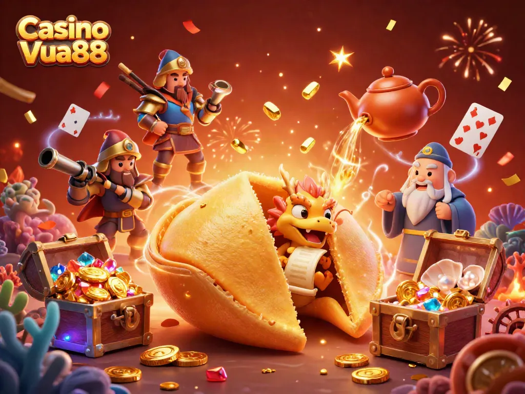 Engage with Casino Vua88's vibrant scene of fortune, games, and excitement, featuring a giant golden cookie and dynamic characters.