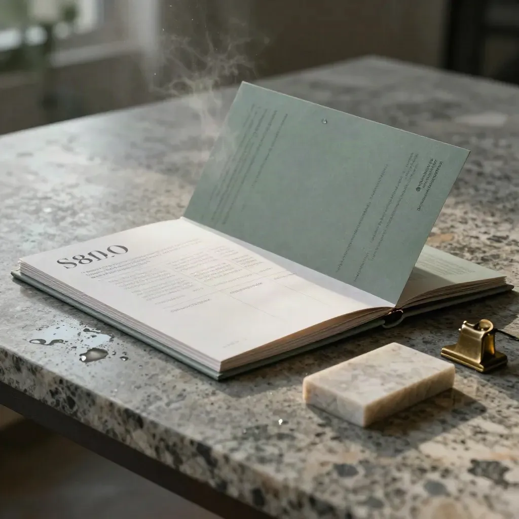 SEO-Audit-Folio auf Stein mit Karten, Berichtshülle, Steinblock und Messingklammer