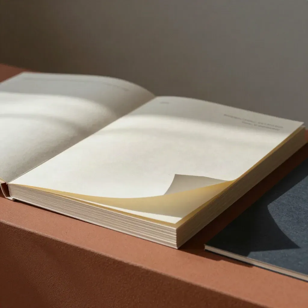 Foliensatz für Website-Texte mit Papierbögen, weißem Clip und warmem Terrakotta-Licht.