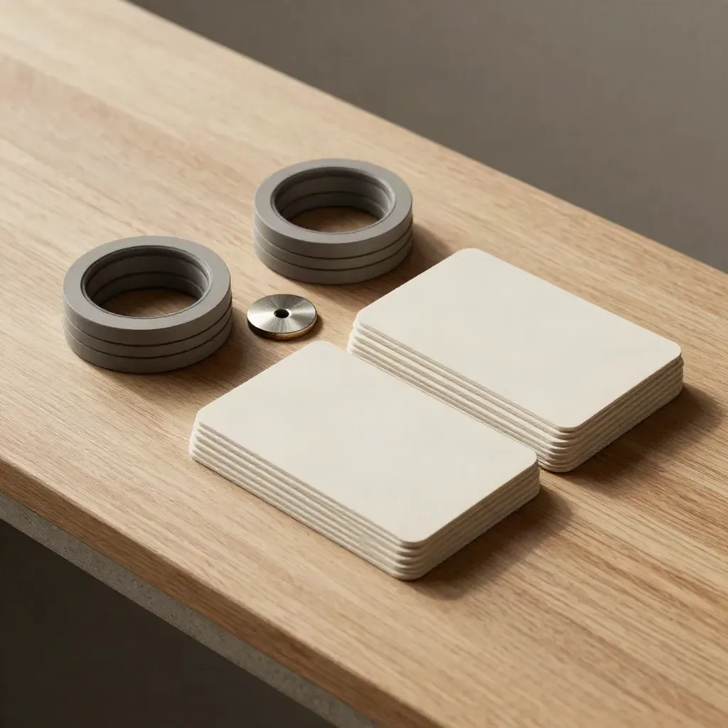 Flache Marketing-Karten mit Metallringen und Metalltoken auf heller Holzplatte.