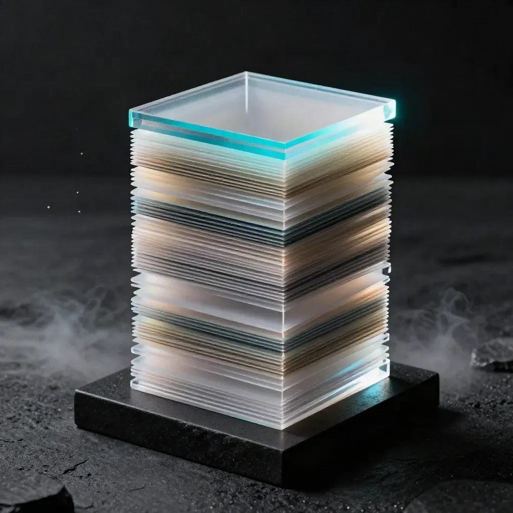 Acryl-Modulstapel im Cyan-Licht auf schwarzem Stein, dramatisch inszeniert.