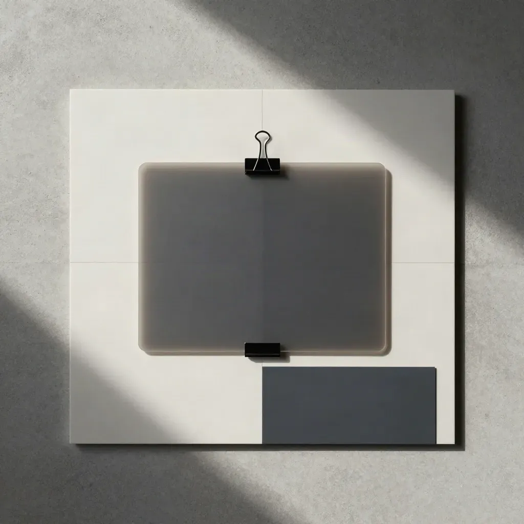 Overhead Flatlay eines Shop-Check-Kits auf Beton mit geteilten Testpanelen