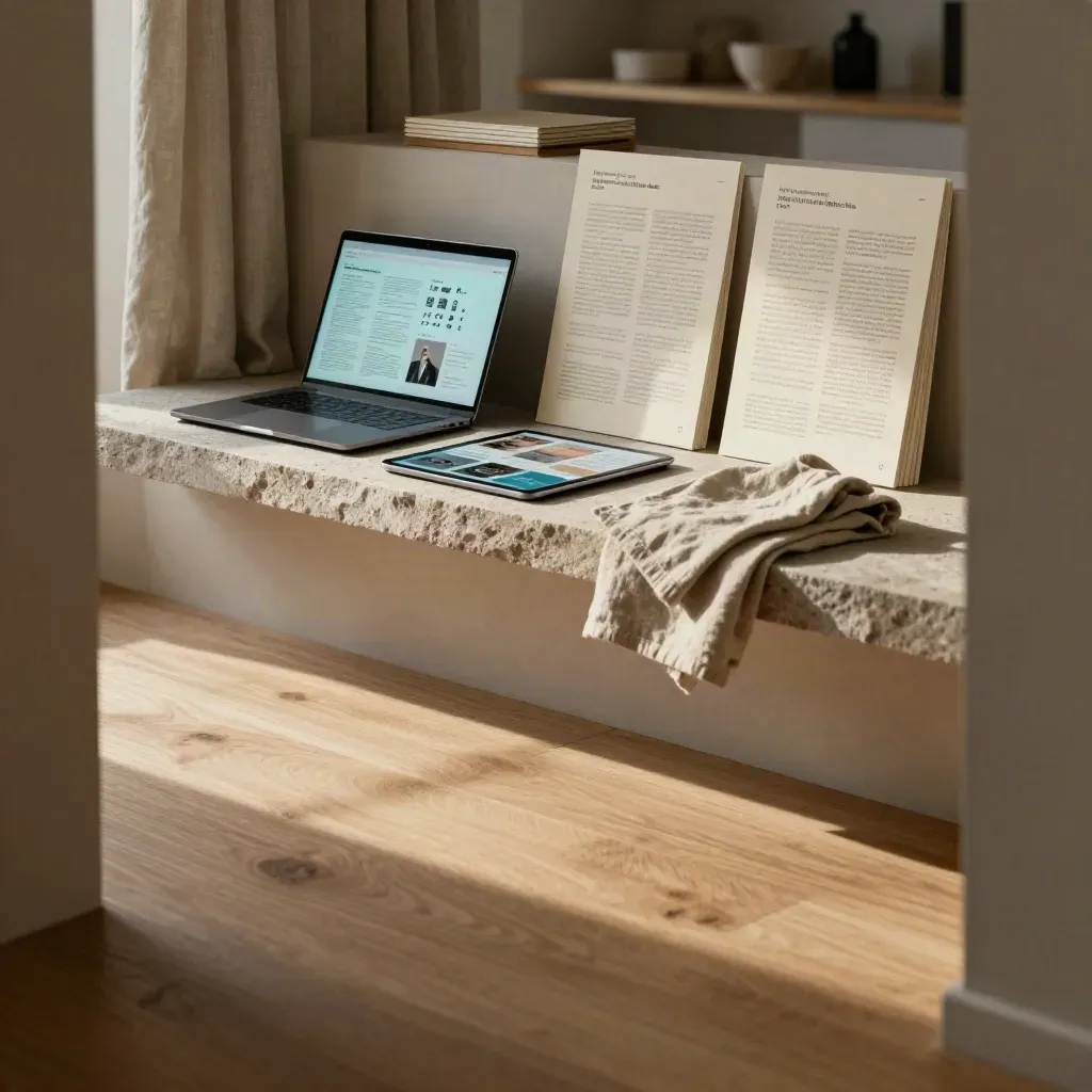 Heller Holzinnenraum mit Laptop, Tablet und ruhiger Fläche für Text
