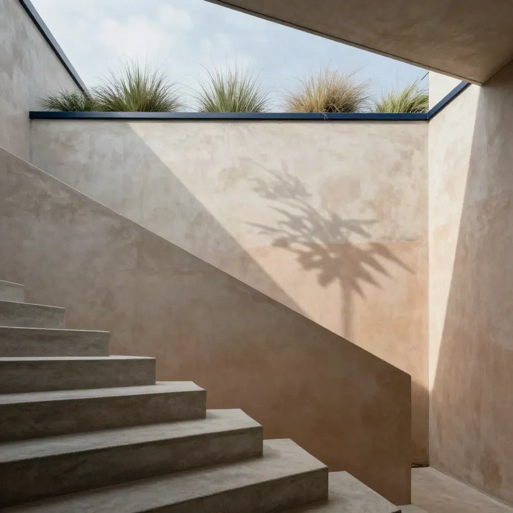 Betontreppe mit Himmelsöffnung, Wolkenschatten, Pflanzer und ruhiger Fläche für Text