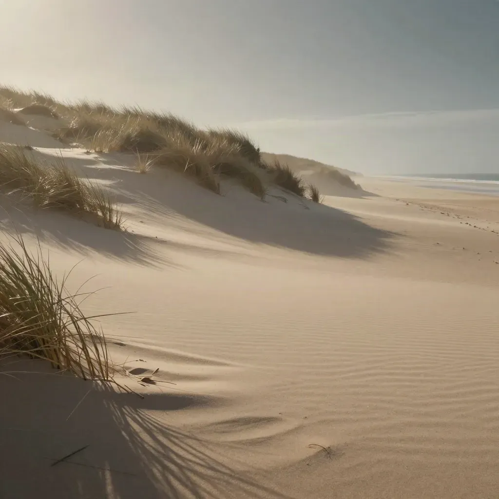 Sanddüne mit Gras und hellem Pfad im weichen Licht, ruhig und luftig