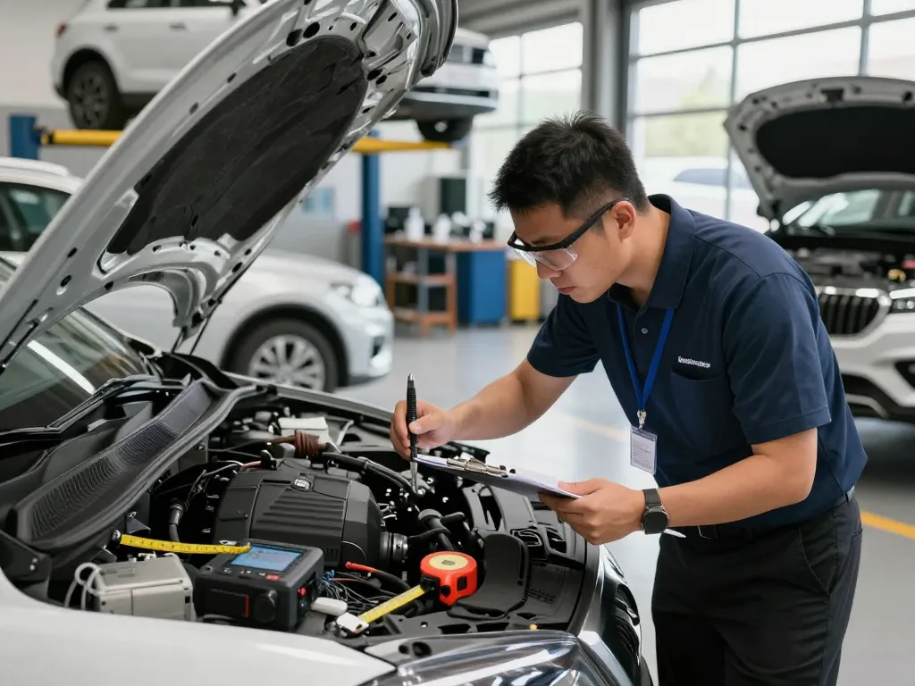 Kfz Sachverständiger Eschweiler führt eine Fahrzeuginspektion in einer professionellen Werkstatt durch.
