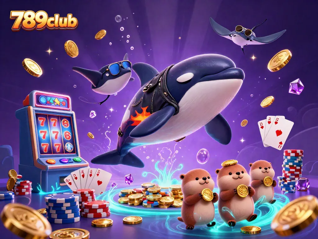 Join the fun at 789club as a 3D whale, stingray, and otters celebrate casino wins with golden coins.