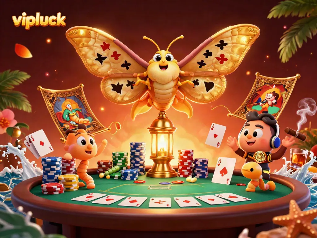 Engage with vipluck's vibrant casino atmosphere as a colorful moth embodies gambling excitement.