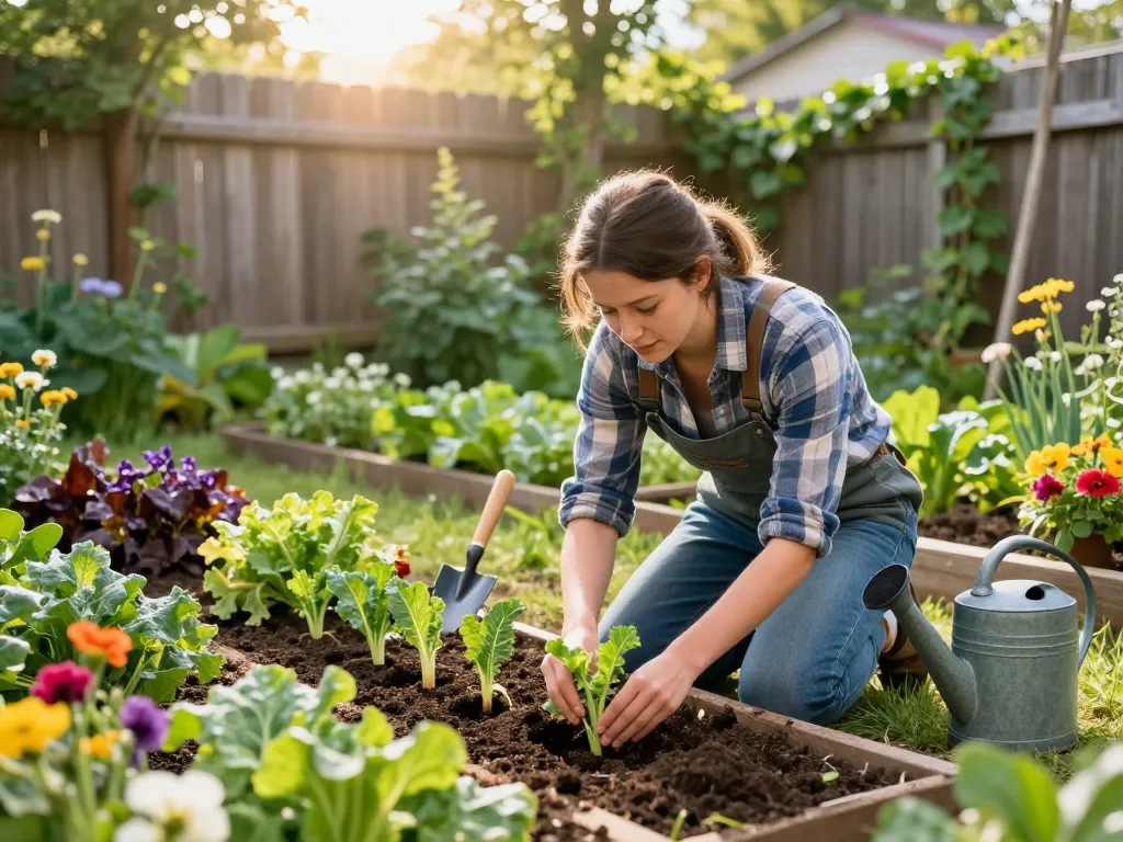 Lauchpflanzen seedlings being planted in a vibrant home garden.