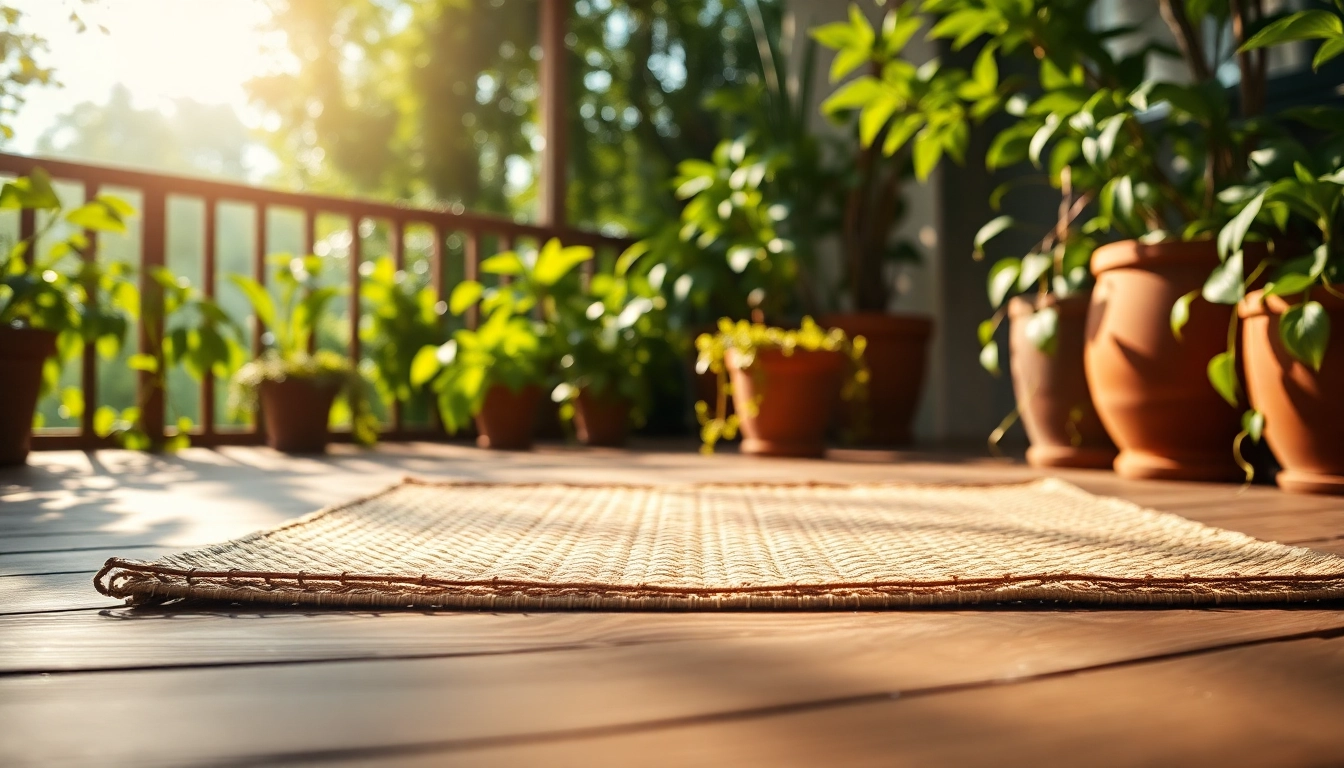 Hanfmatte auf einer Holzterrasse, harmonisch umgeben von grünen Pflanzen und sanftem Sonnenlicht.