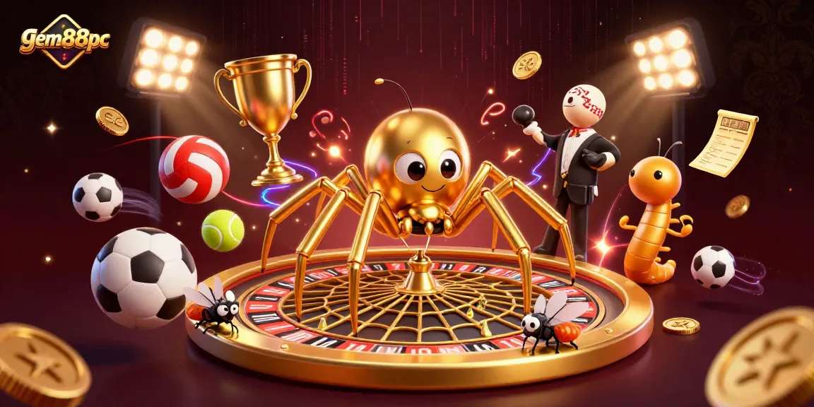 Experience thrilling bets at gem88pc with a golden spider spinning roulette web and sports elements.
