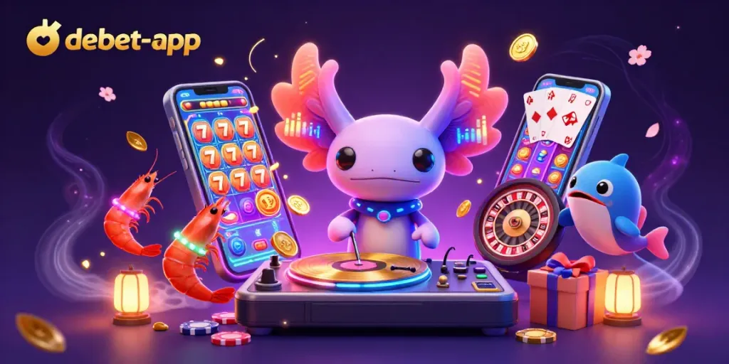 Experience the thrill of gaming with debet-app, showcasing vibrant characters and a dynamic casino environment.