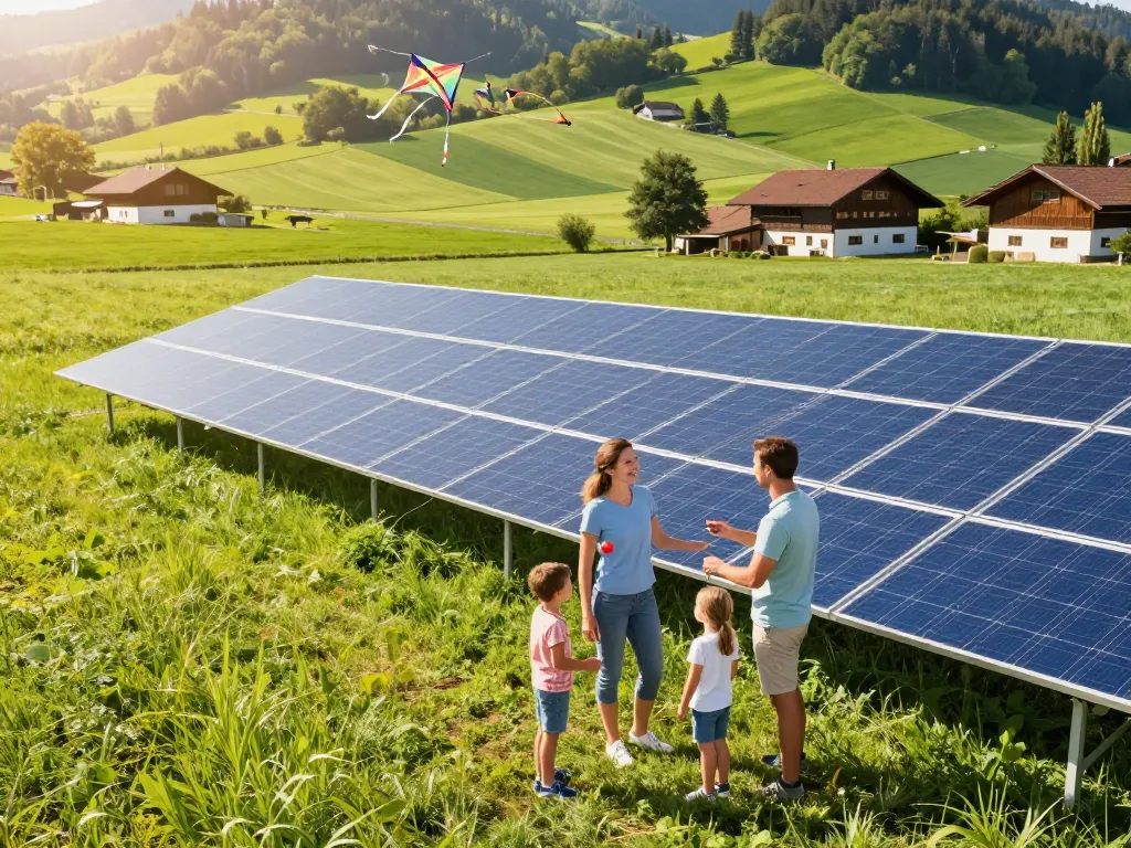 Die Vorteile der Photovoltaik Bayern, hervorgehoben durch eine Solarmodulinstallation mit einer glücklichen Familie, die Aktivitäten im Freien genießt, und den Fokus auf Nachhaltigkeit.